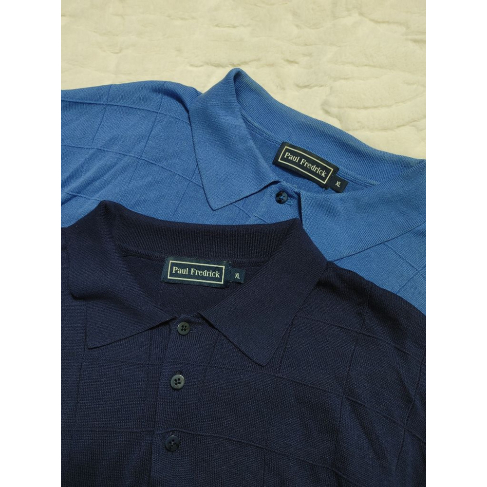 Set of 2 Men's Paul Fredrick Grid Polo Shirt XL Blue Navy Silk